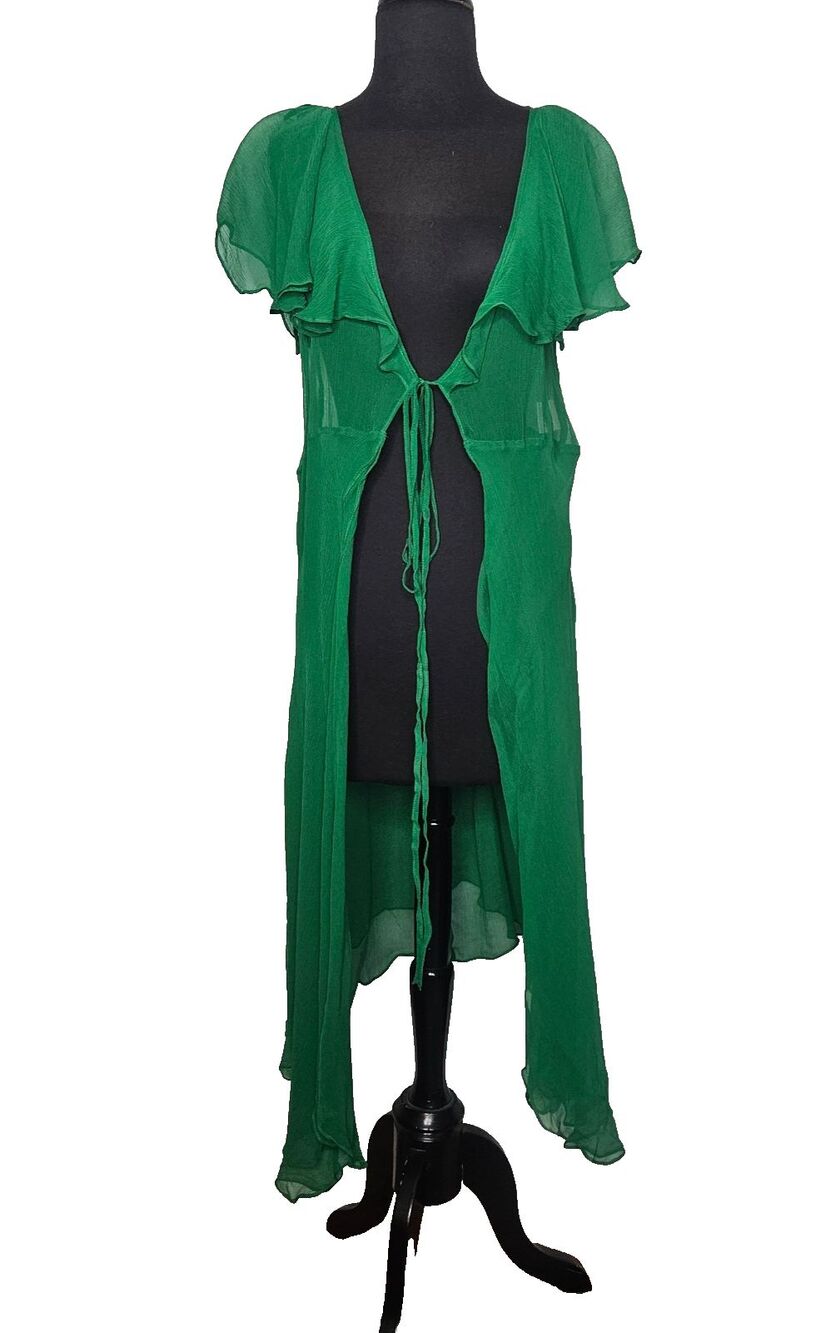 TULULA 100% Silk Duster Robe Large Green Fairy Ethereal Coquette Soft Girl